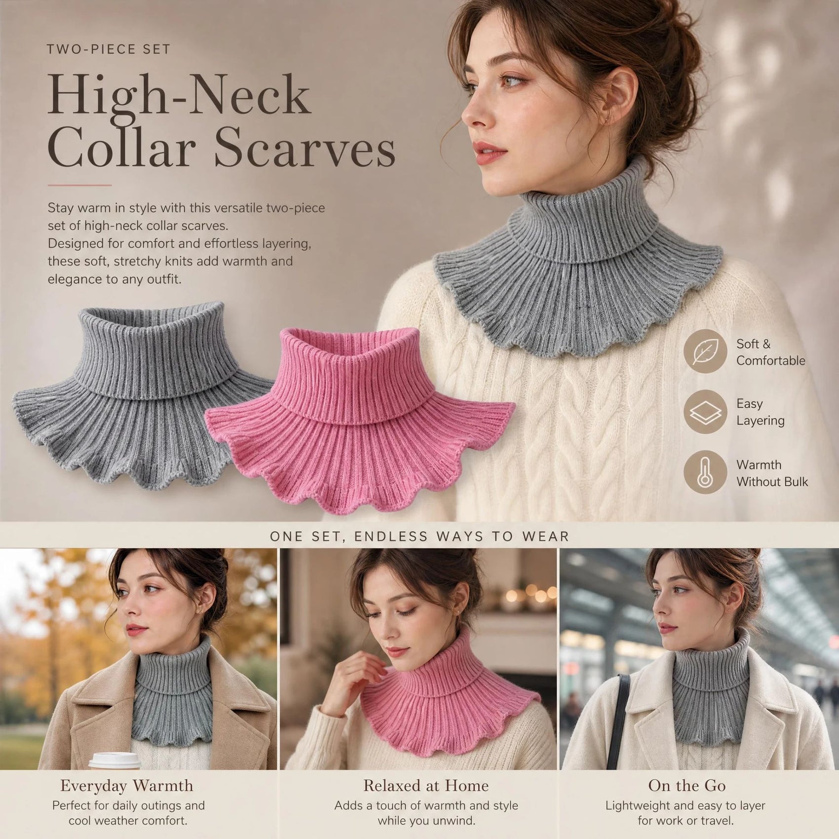 2-Pack Grey & Pink thick knitted neck tube combo, sweet low-key chill blocking versatile styling cover