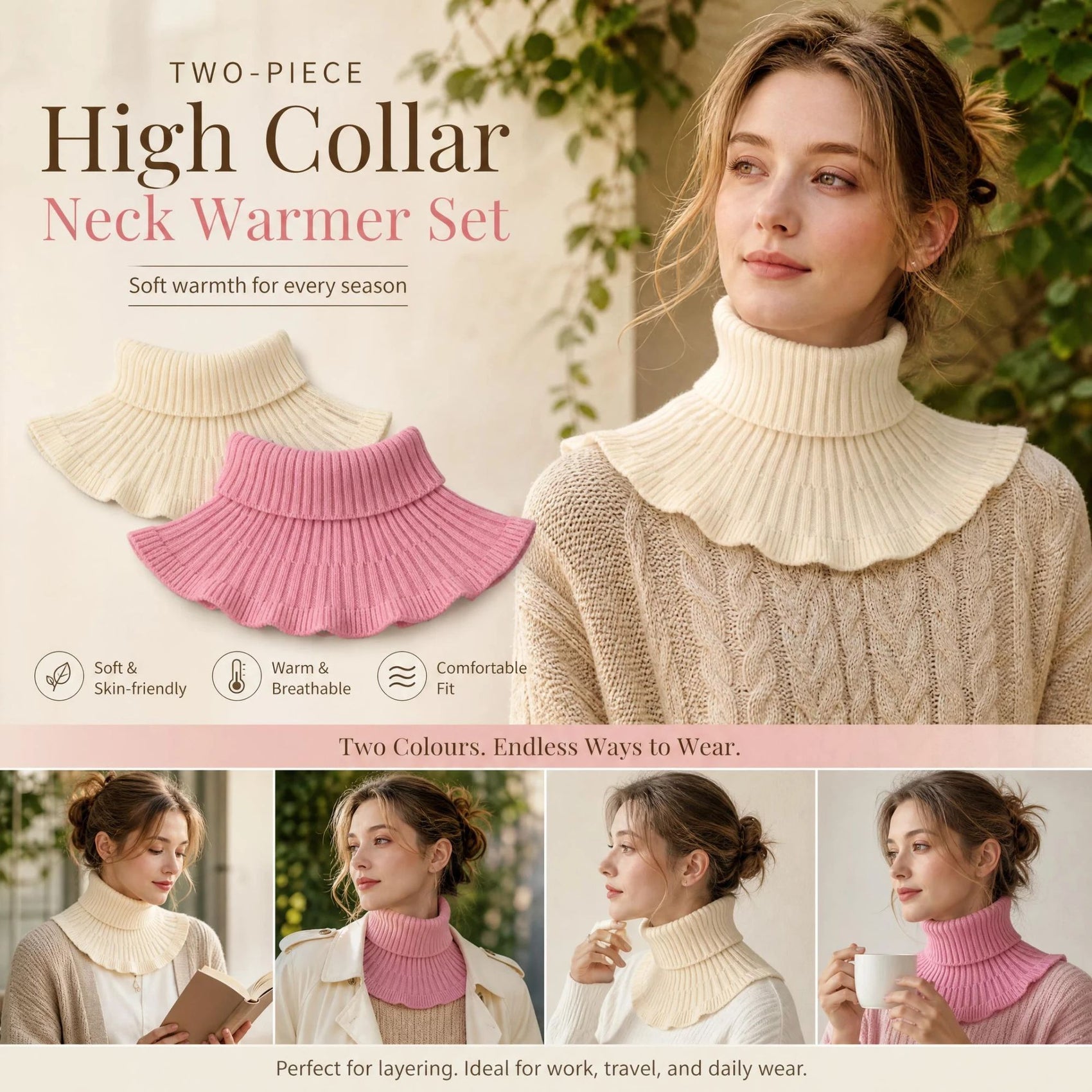 2-Pack Off White & Pink thick thermal neck protector set, soft sweet dual colour wind blocking layering snood