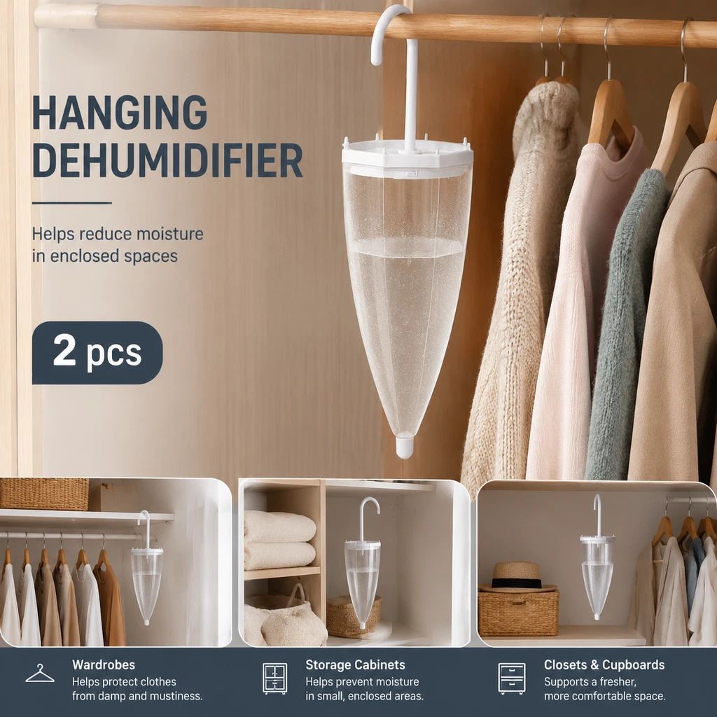 2 Pack White Umbrella Hanging Dehumidifier Boxes, Dual Freshness For Large Wardrobes, Scented Pad To Eliminate Musty Damp Clothing Odours