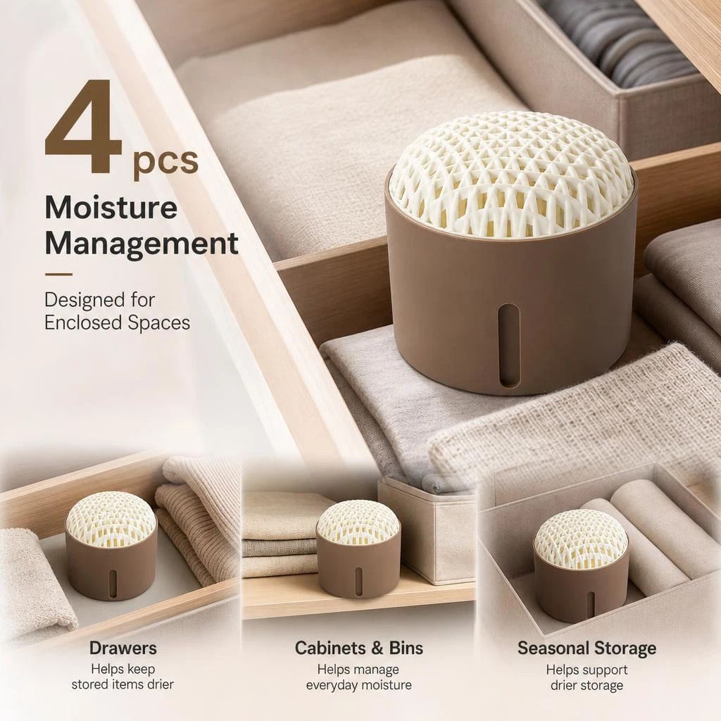 Four Pack Coffee Desktop Moisture Removing Boxes, Warm Homely Scent For Multiple Bedroom Storage Units, Desiccant And Absorbent Pad Included