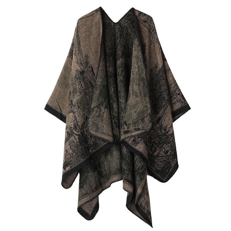 Soft Faux Cashmere Knit Poncho Shawl For Daily Styling, Realistic Landscape Pattern, Black Brown Green