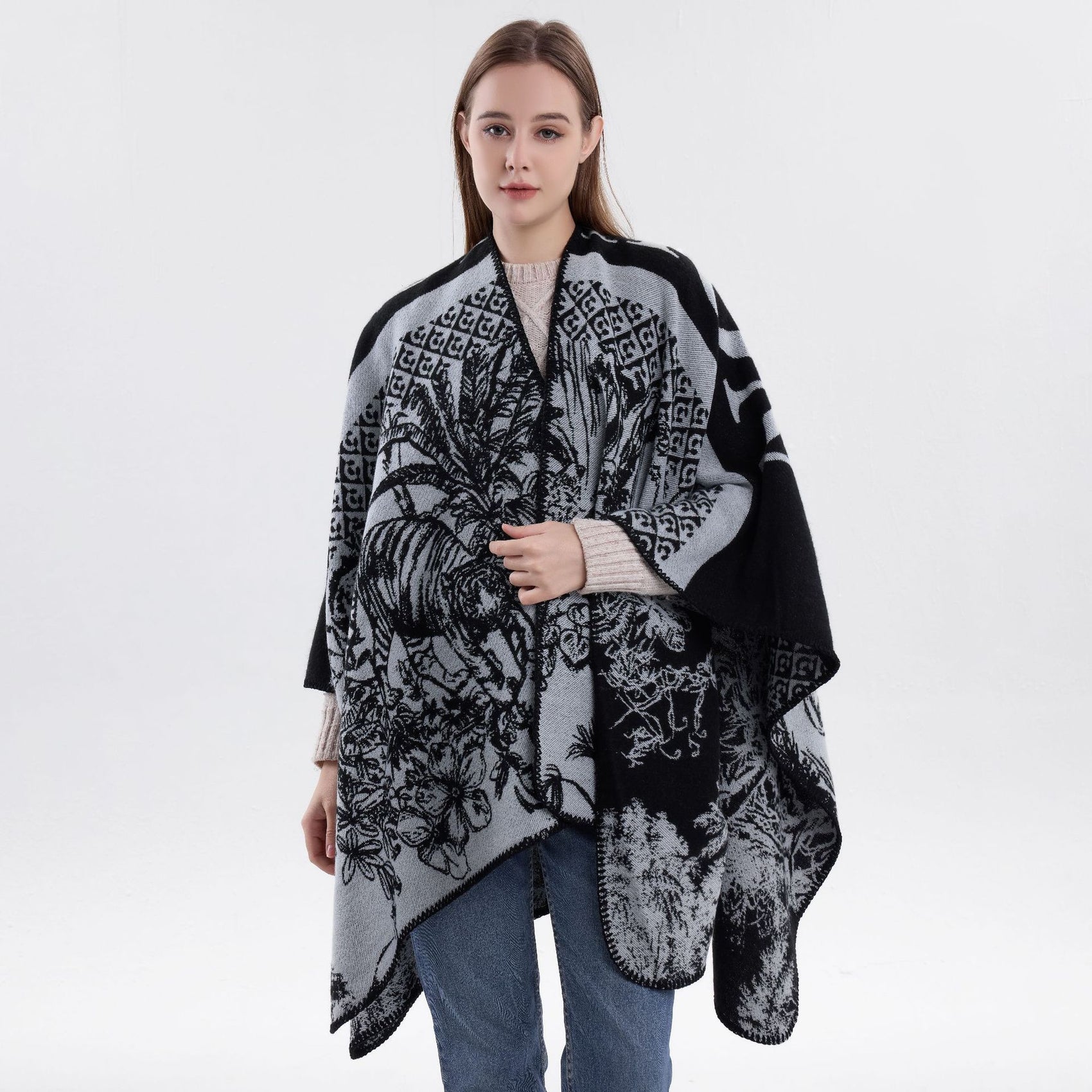 Fashion Style Cosy Knit Outfit Cape, Crafted With Faux Cashmere, Solid Black Shade