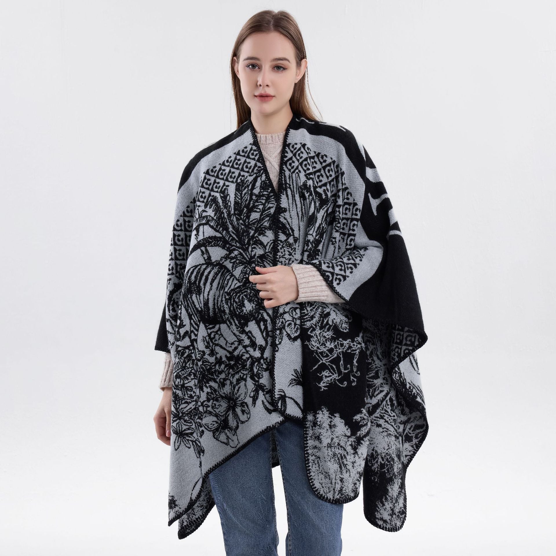 Fashion Style Cosy Knit Outfit Cape, Crafted With Faux Cashmere, Solid Black Shade
