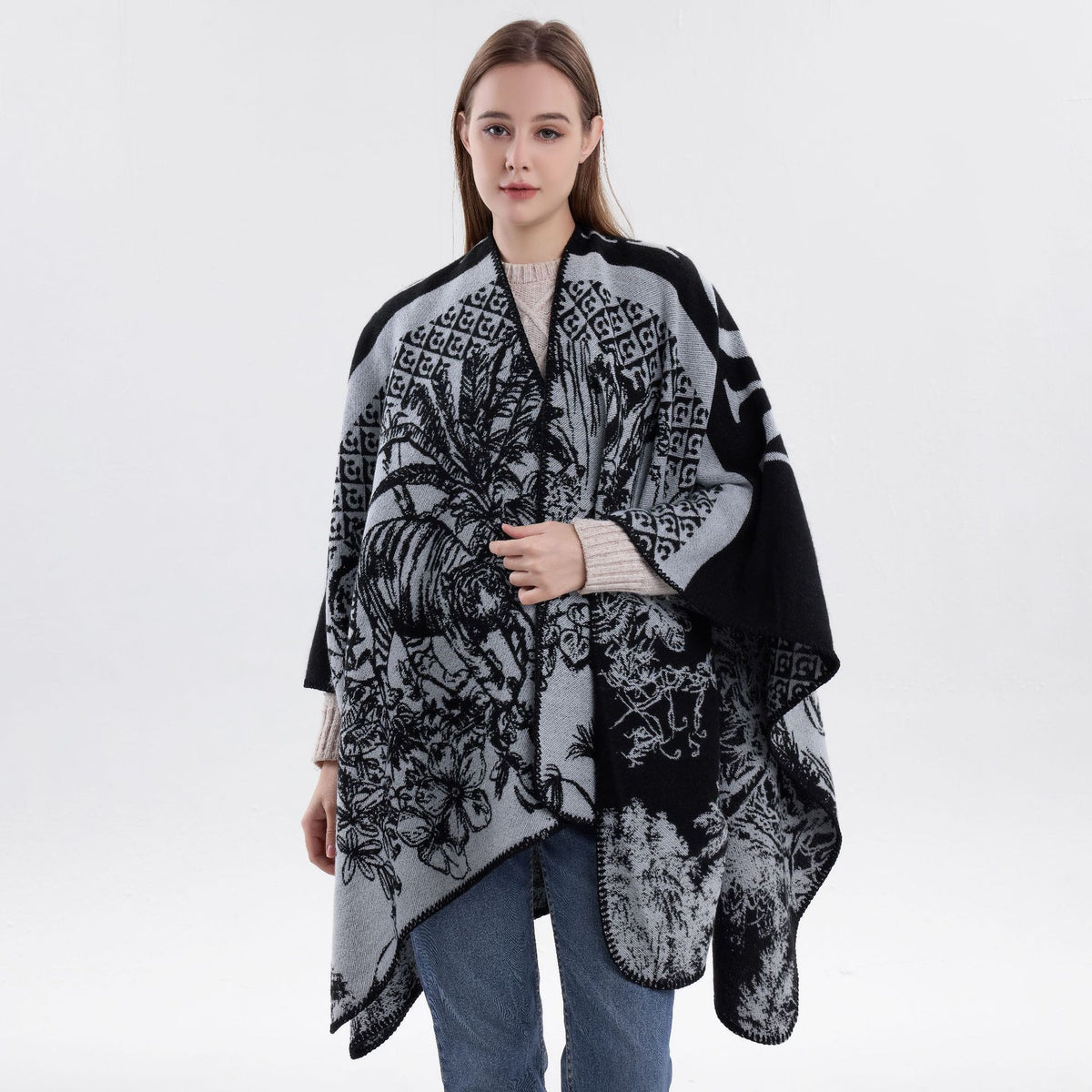 Fashion Style Cosy Knit Outfit Cape, Crafted With Faux Cashmere, Solid Black Shade