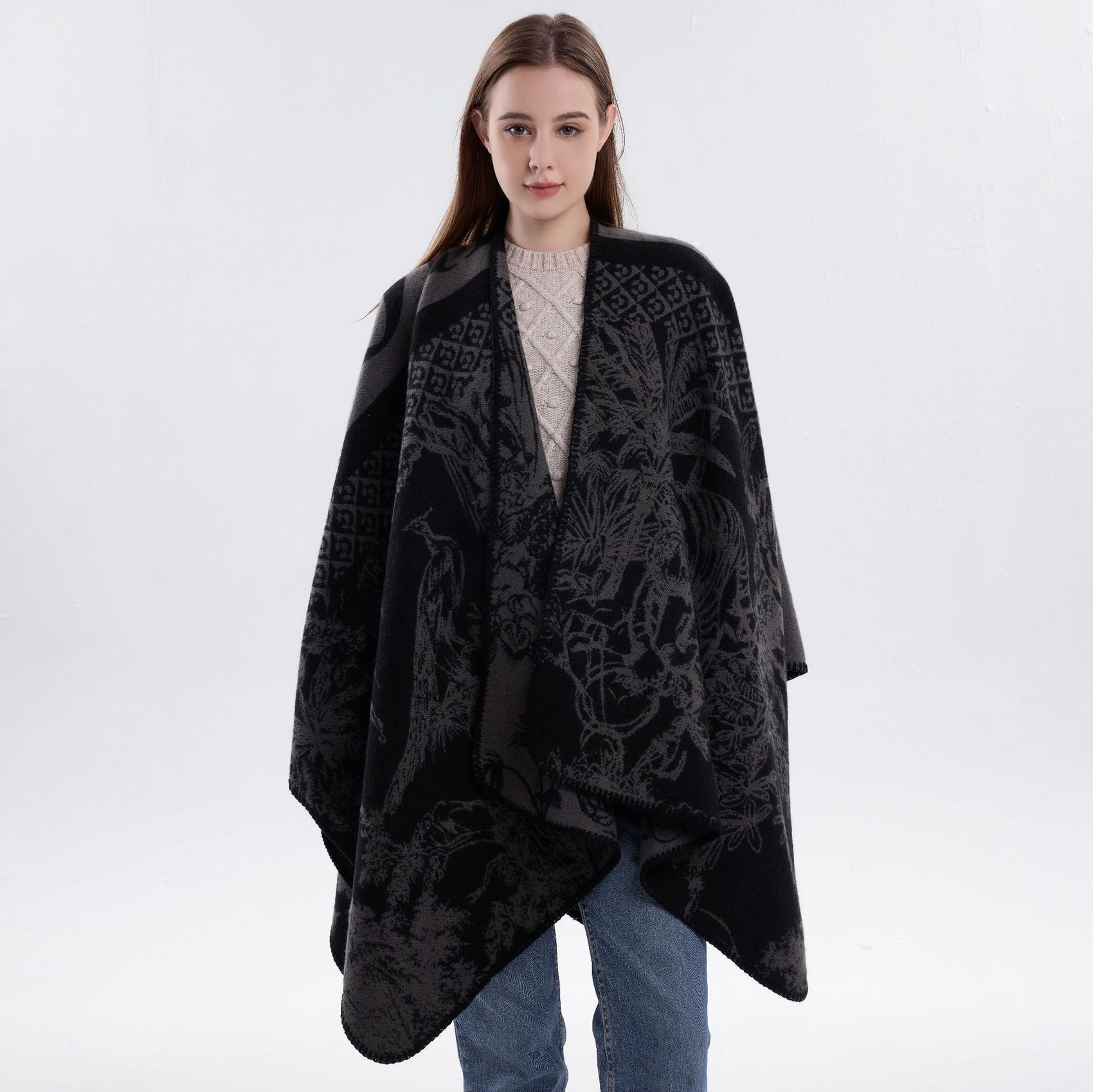 Trend Fashion Faux Cashmere Knit Wrap, Versatile Matching Shawl In Black Grey Tone