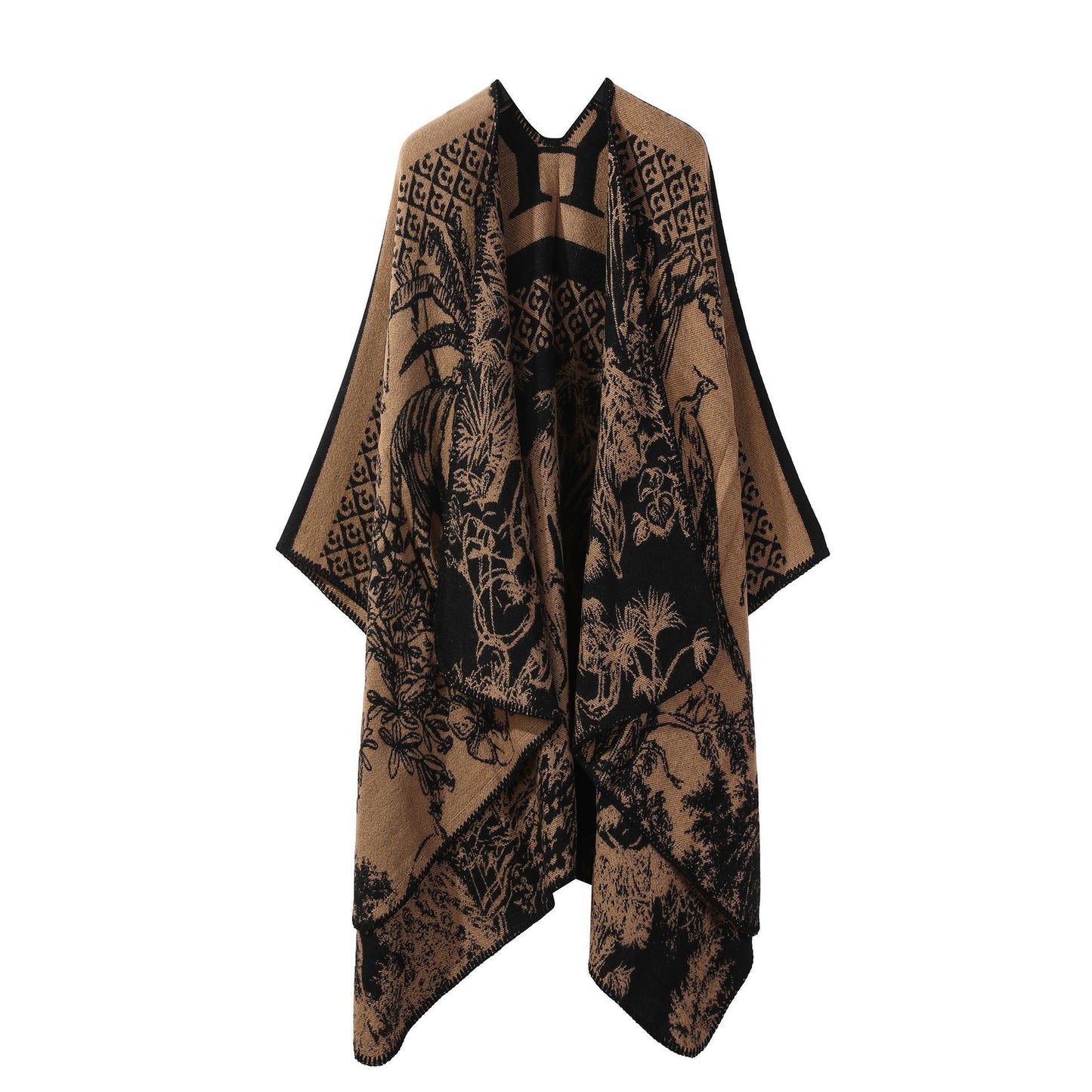 Fashion Series Warm Knitted Poncho, Premium Faux Cashmere Fabric, Classic Warm Brown