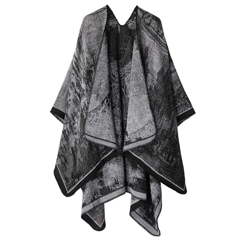Comfort Knitted Faux Cashmere Poncho, Artistic Realistic Landscape Motif, Charcoal Grey