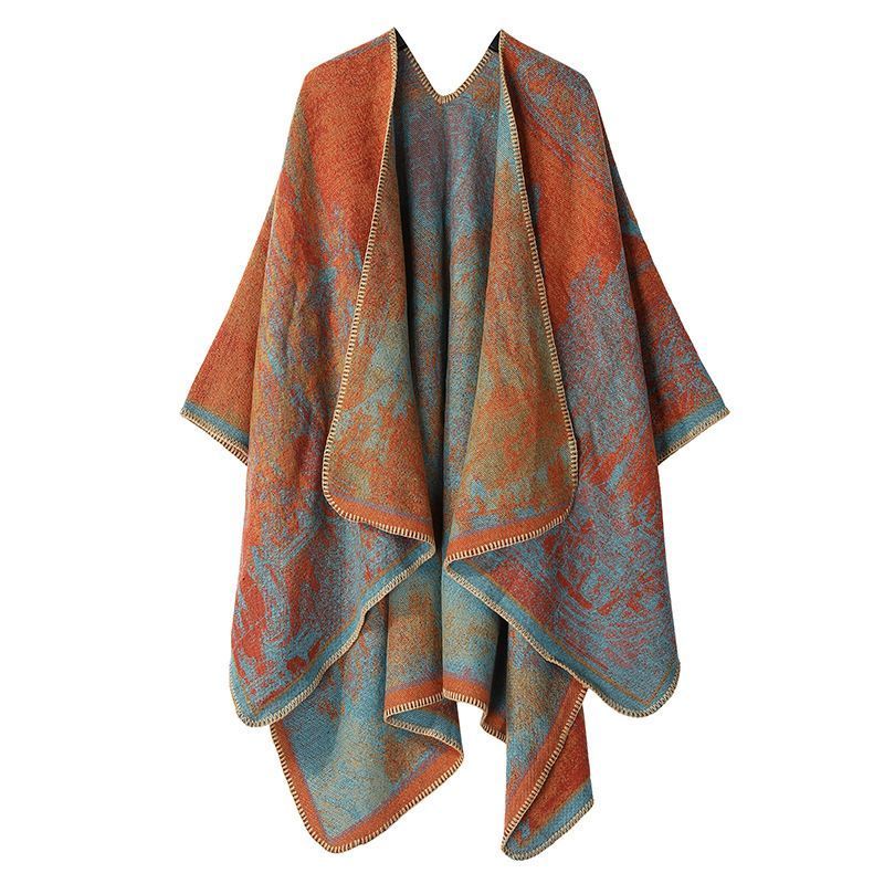 Light Faux Cashmere Layering Shawl, Unique Realistic Landscape Print, Orange Blue Mix