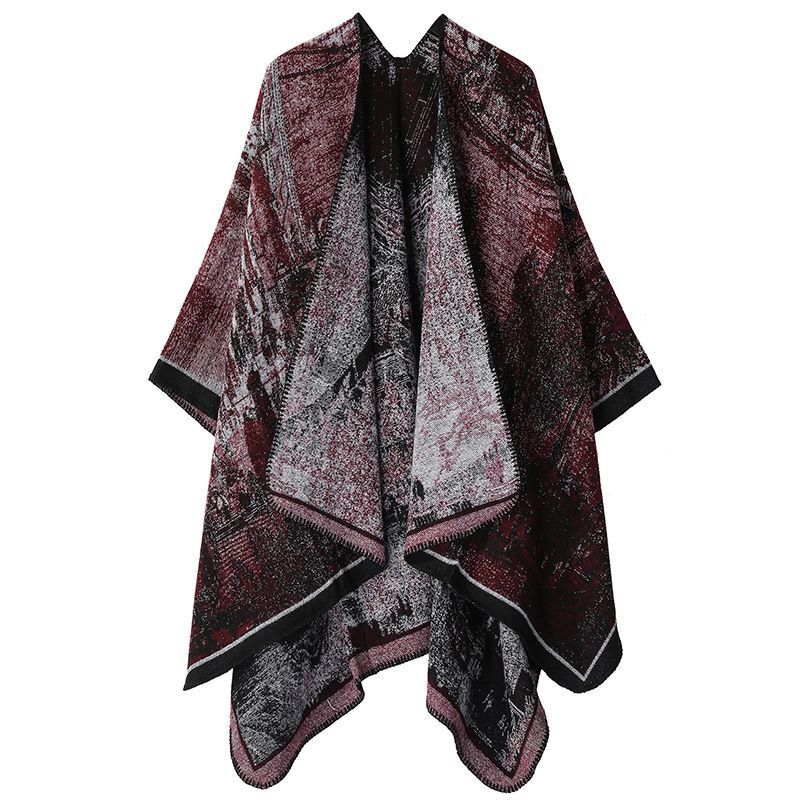 Warm Outerwear Knit Poncho, Realistic Landscape Graphic, Rich Black Red Tones