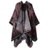 Warm Outerwear Knit Poncho, Realistic Landscape Graphic, Rich Black Red Tones