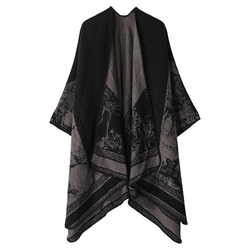 Relaxed Fit Faux Cashmere Outfit Shawl, Cute Forest Deer Motif, Muted Black Grey