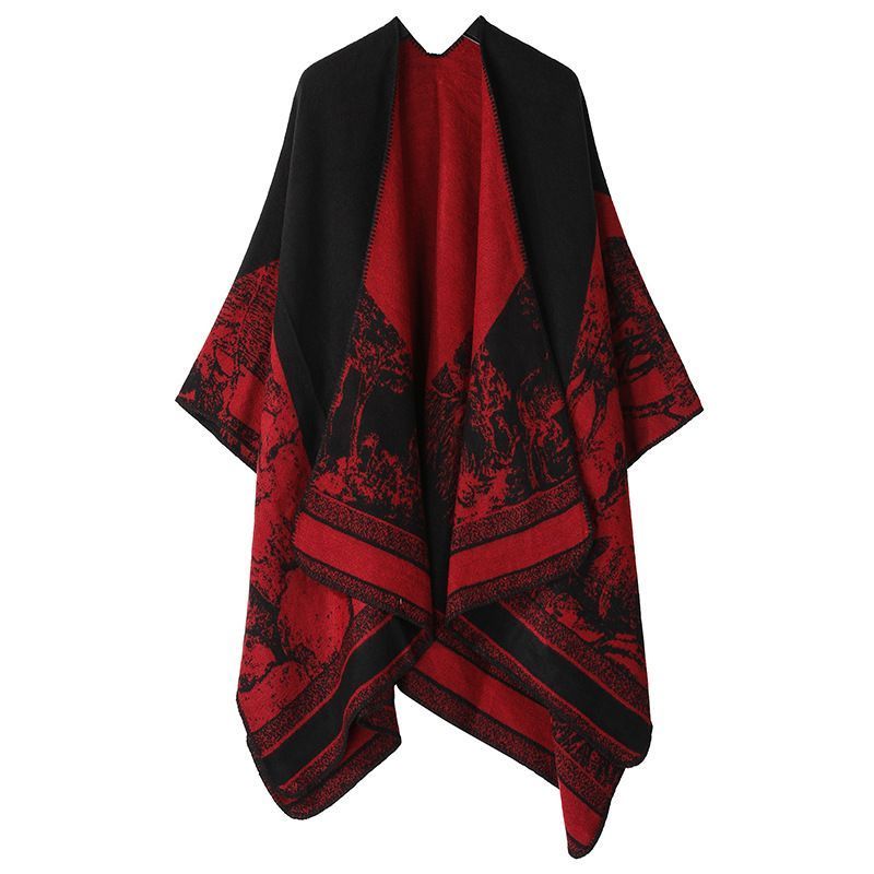 Thick Soft Knit Cape Poncho, Lovely Forest Deer Graphic, Eye-catching Black Red