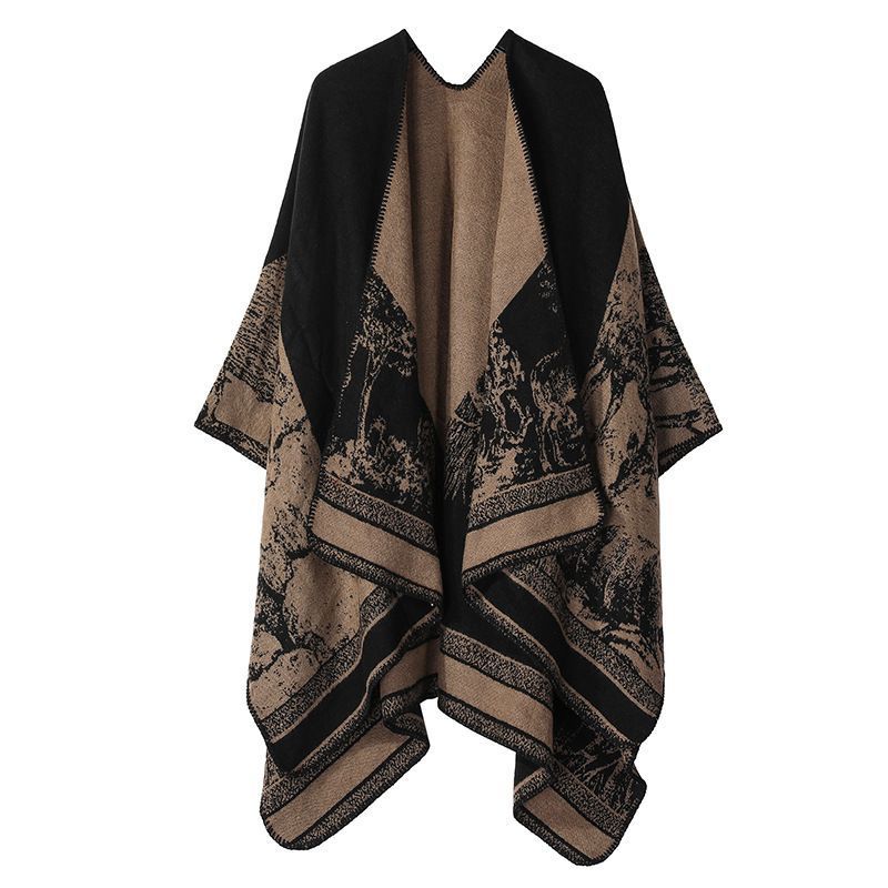 Versatile Layering Faux Cashmere Wrap, Subtle Forest Deer Print, Warm Black Camel