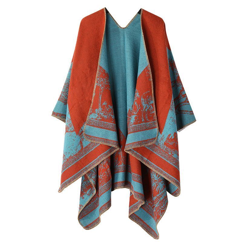 Stylish Knitted Outer Shawl, Playful Forest Deer Motif, Bright Rust Orange Red