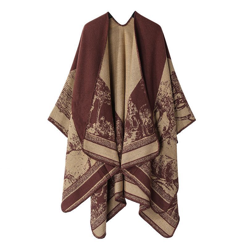 Cozy Daily Faux Cashmere Poncho, Classic Forest Deer Pattern, Deep Jujube Red