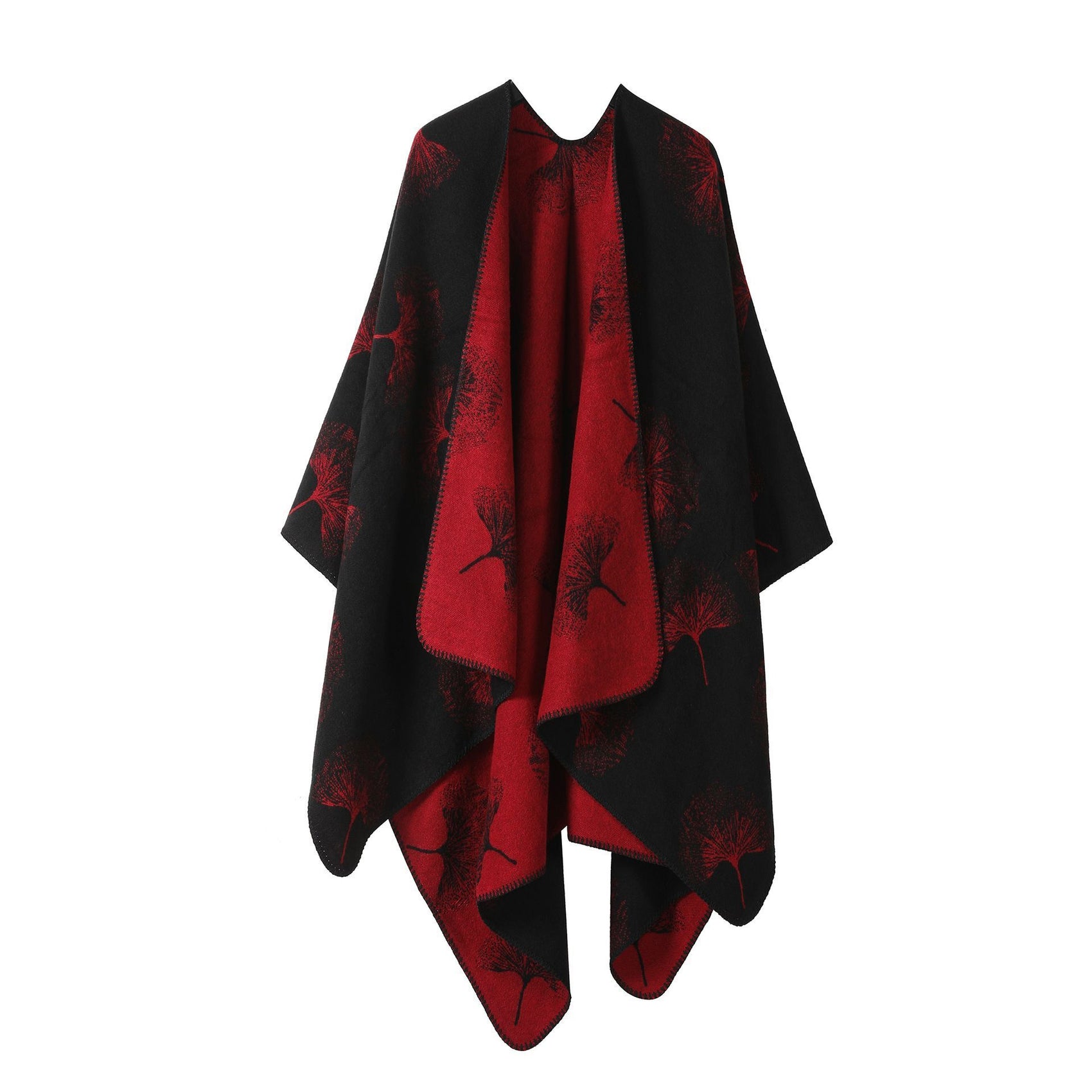 Light Layering Knit Cape, Clear Ginkgo Leaf Print, Vivid Bright Red Hue