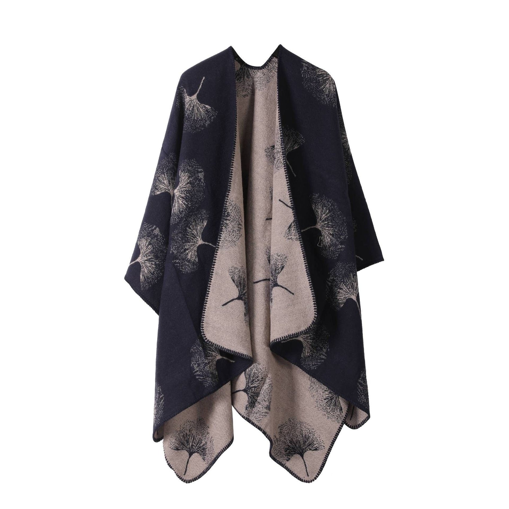 Premium Faux Cashmere Styling Wrap, Elegant Ginkgo Leaf Motif, Deep Navy Blue