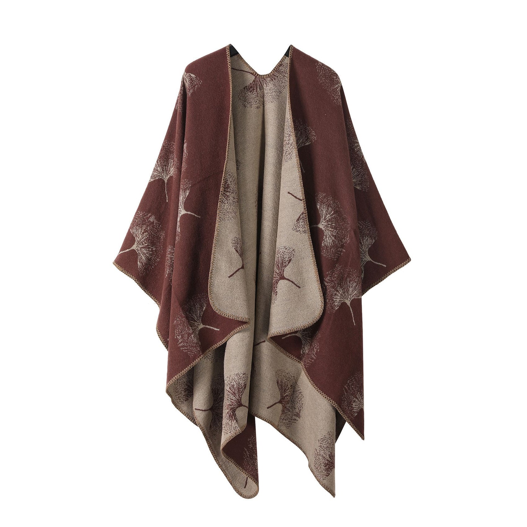 Daily Wear Knitted Poncho, Vintage Ginkgo Leaf Pattern, Mellow Coffee Brown