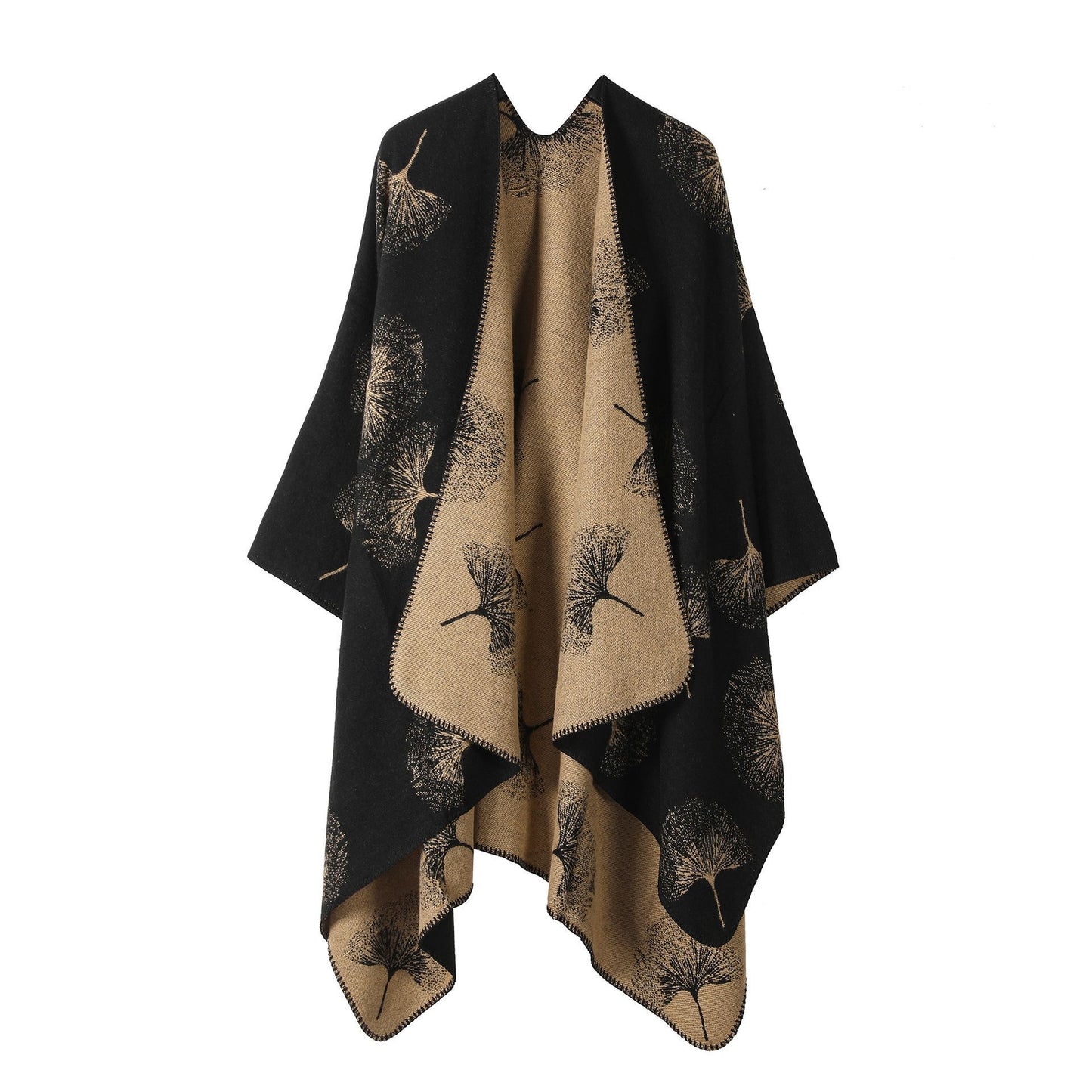 Minimalist Knit Cape Poncho, Simple Ginkgo Leaf Graphic, Sleek Solid Black