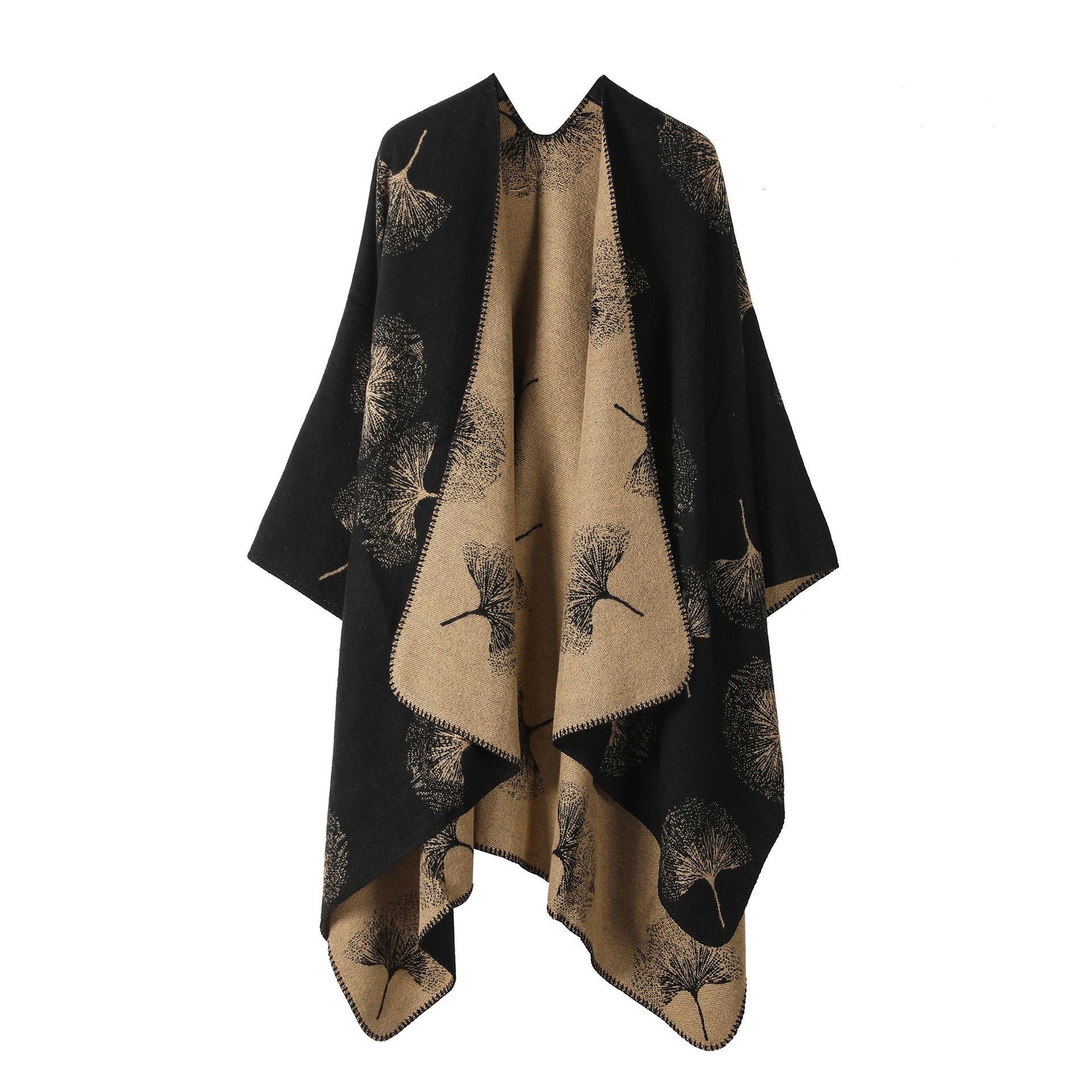 Minimalist Knit Cape Poncho, Simple Ginkgo Leaf Graphic, Sleek Solid Black