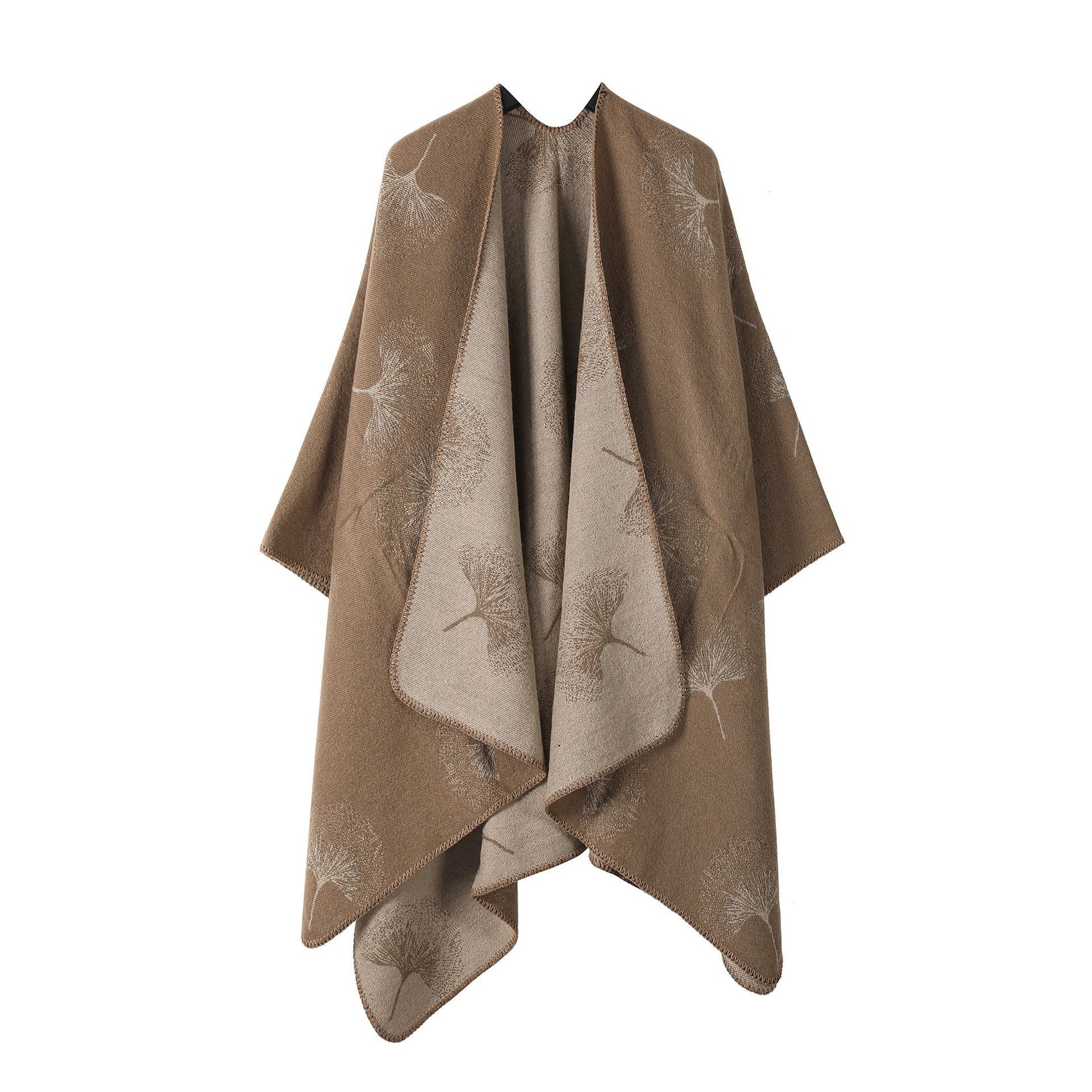 Casual Matching Faux Cashmere Wrap, Gentle Ginkgo Leaf Motif, Neutral Khaki Tone