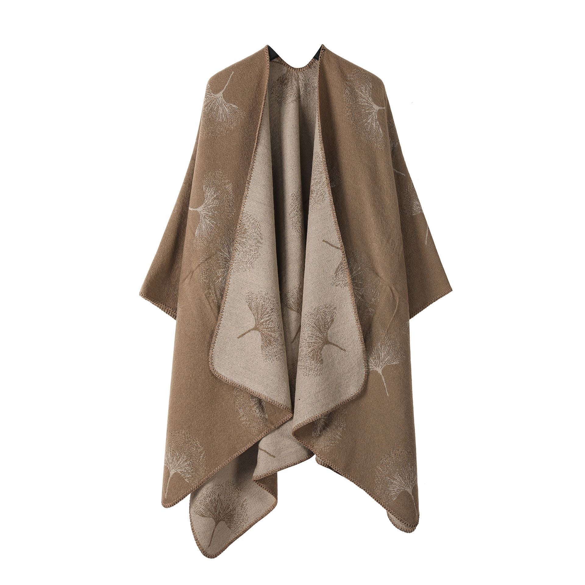 Casual Matching Faux Cashmere Wrap, Gentle Ginkgo Leaf Motif, Neutral Khaki Tone