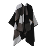 Simple Daily Faux Cashmere Cape, Geometric Square Block Colour Pattern, Black