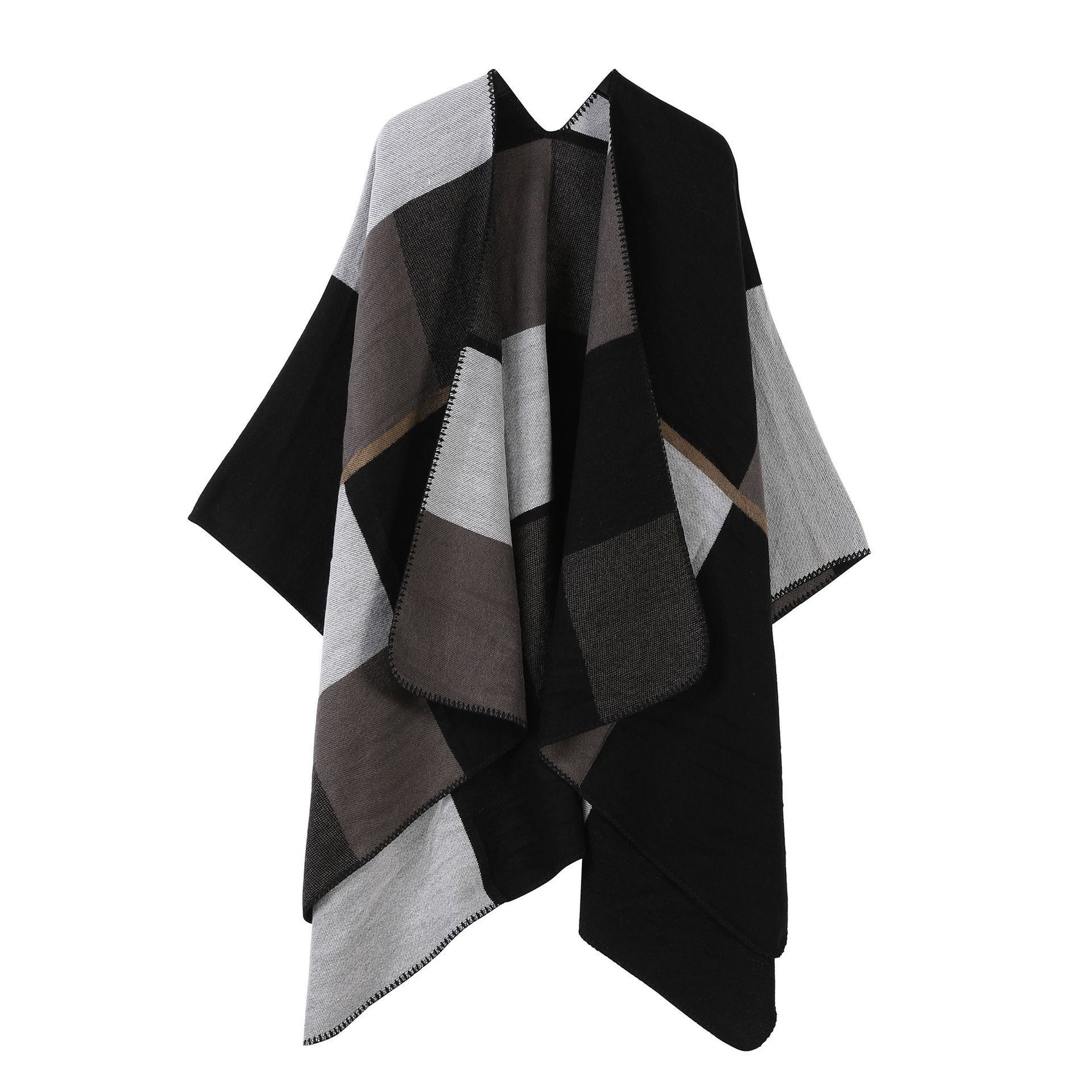Simple Daily Faux Cashmere Cape, Geometric Square Block Colour Pattern, Black