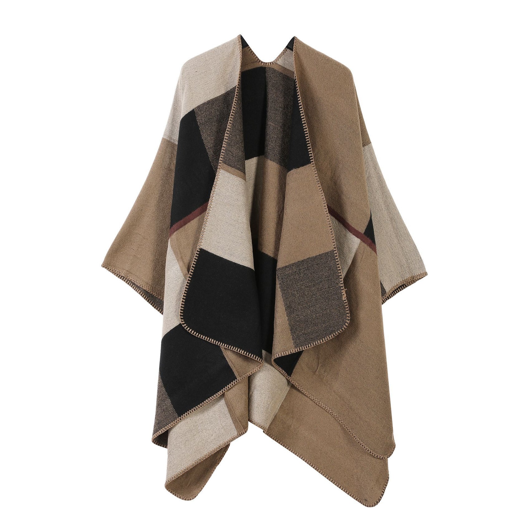 All-season Knit Outfit Wrap, Neat Block Square Colour Matching, Khaki