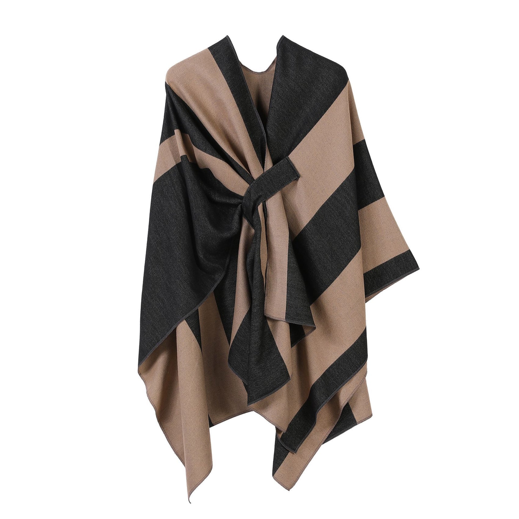 Textured Faux Cashmere Poncho, Distinct Vertical Striped Contrast Trim, Black Camel