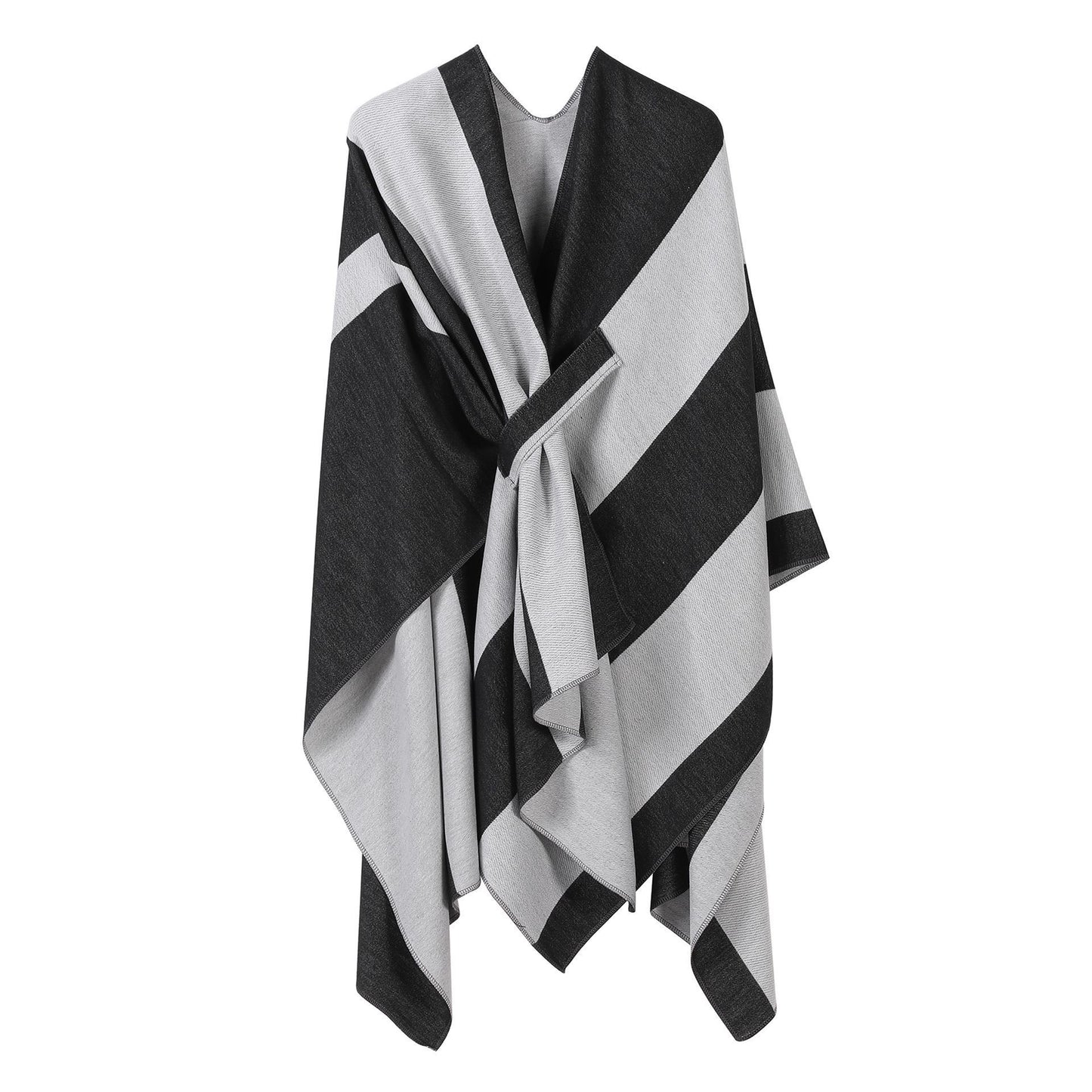 Lightweight Layering Cape, Clean Vertical Contrast Stripe Detail, Black White