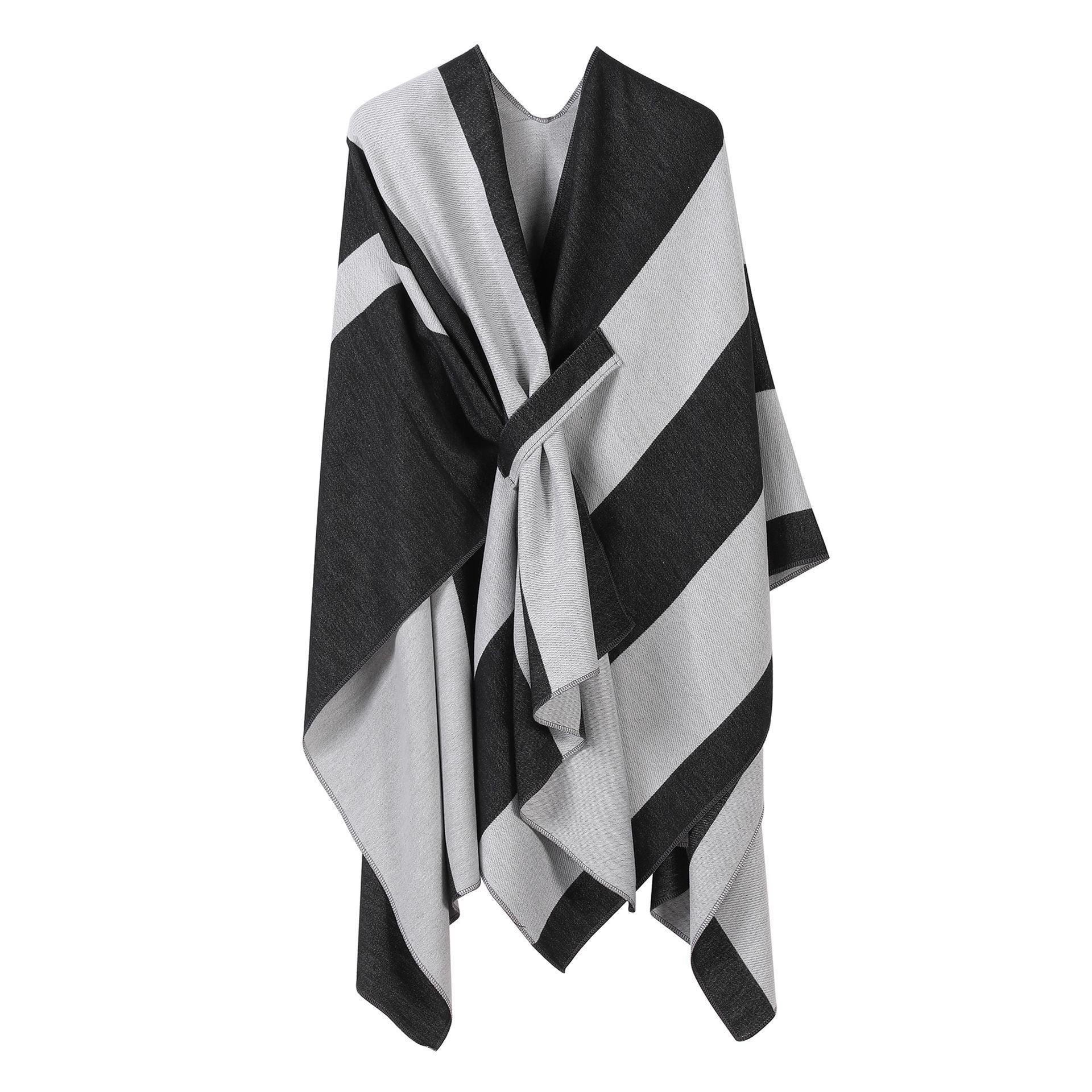 Lightweight Layering Cape, Clean Vertical Contrast Stripe Detail, Black White