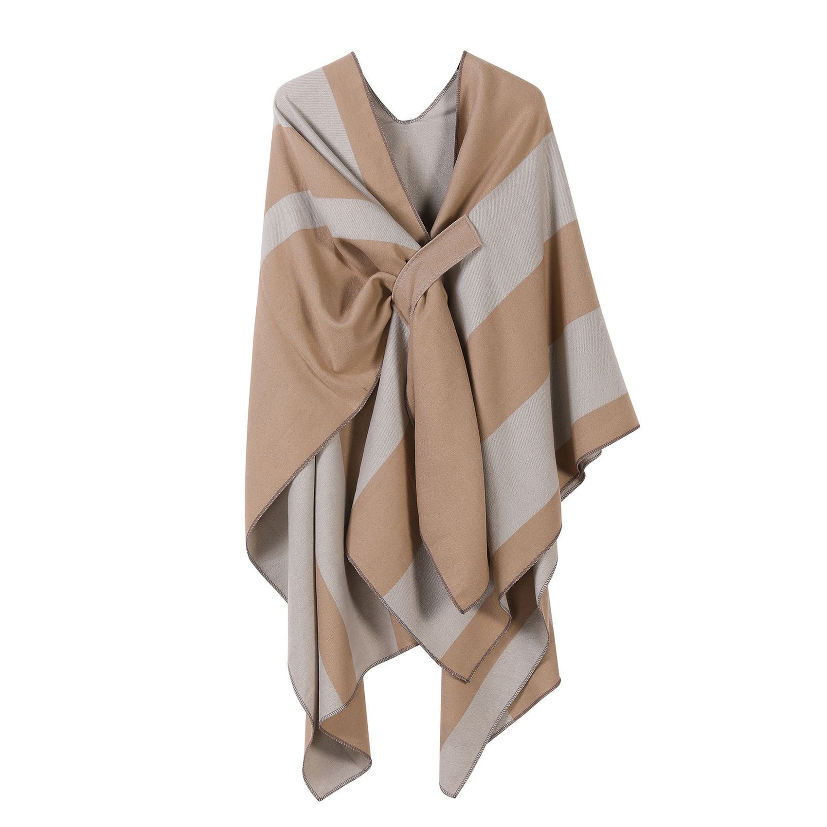 Multi-scene Knit Cape, Classic Vertical Contrast Striped Trim, Khaki