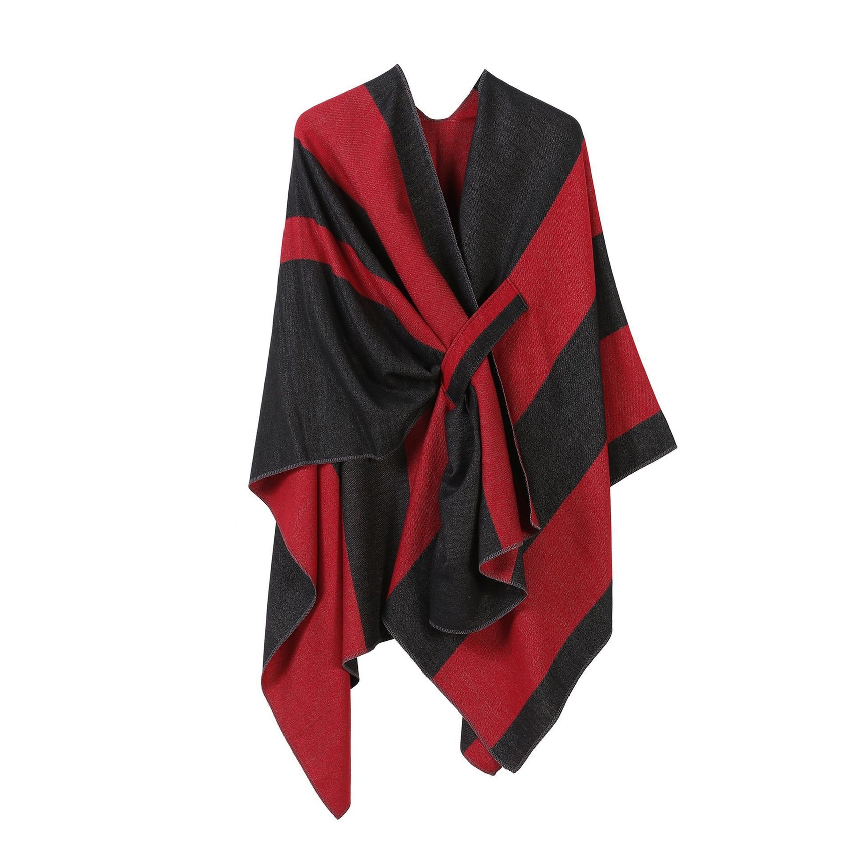 Eye-catching Layering Shawl, Thick Vertical Contrast Stripe Design, Black Red