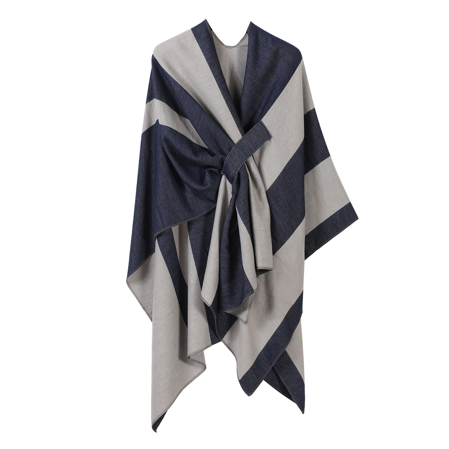 Elegant Knitted Poncho, Deep Tone Vertical Contrast Stripes, Navy