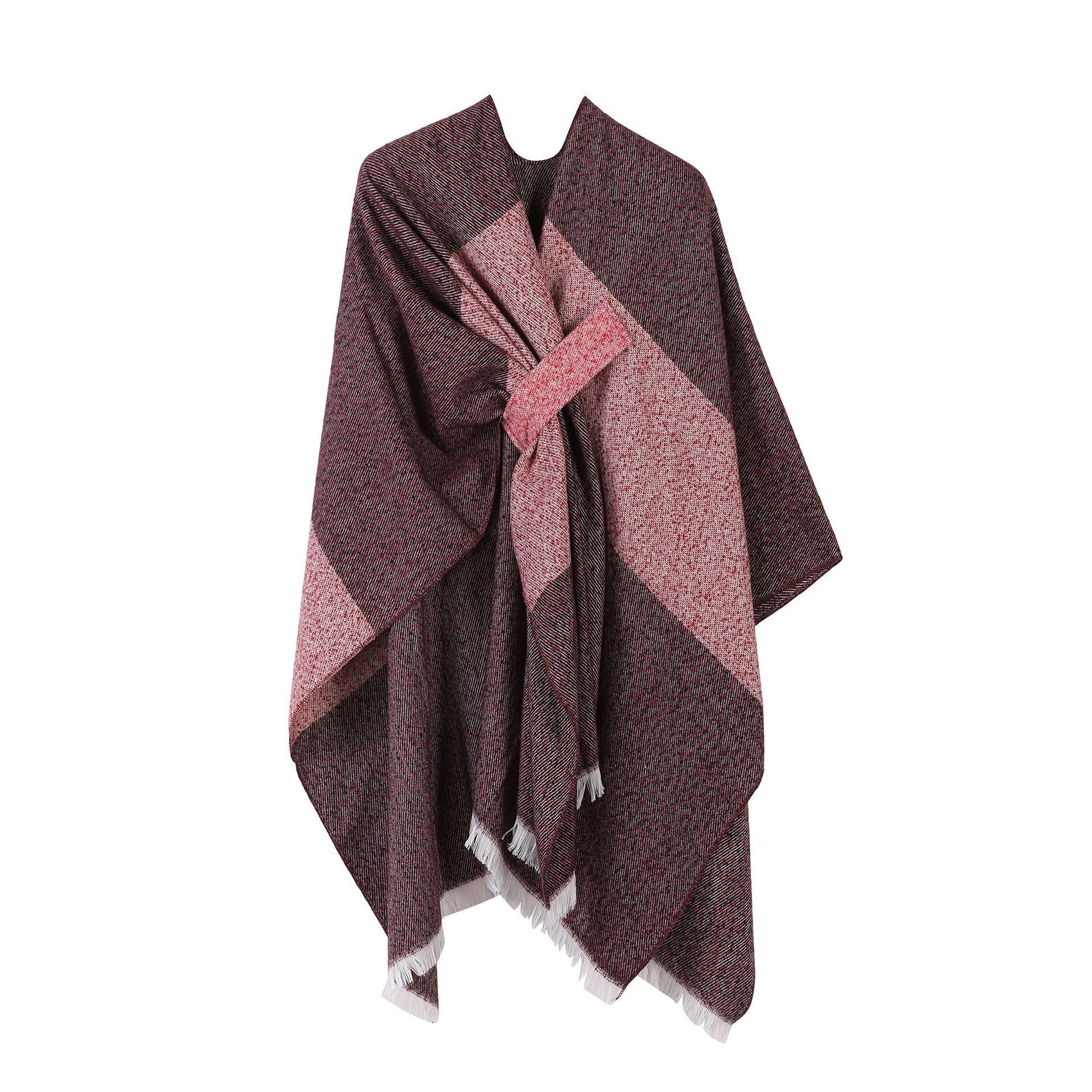 Bohemian Faux Cashmere Shawl, Unique Striped Trim Tie Dye Pattern, Deep Red