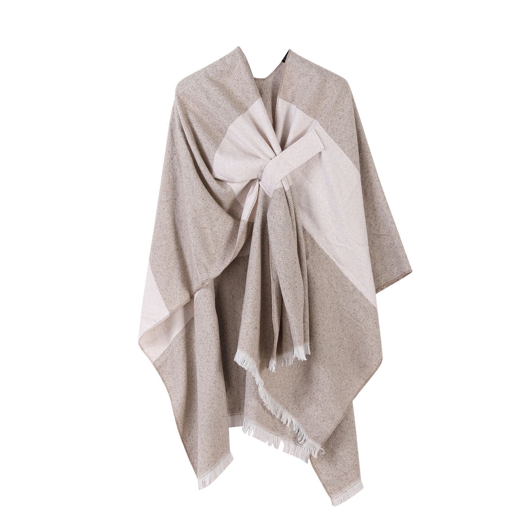 Casual Travel Knit Poncho, Soft Striped Trim Tie Dye Print, Khaki