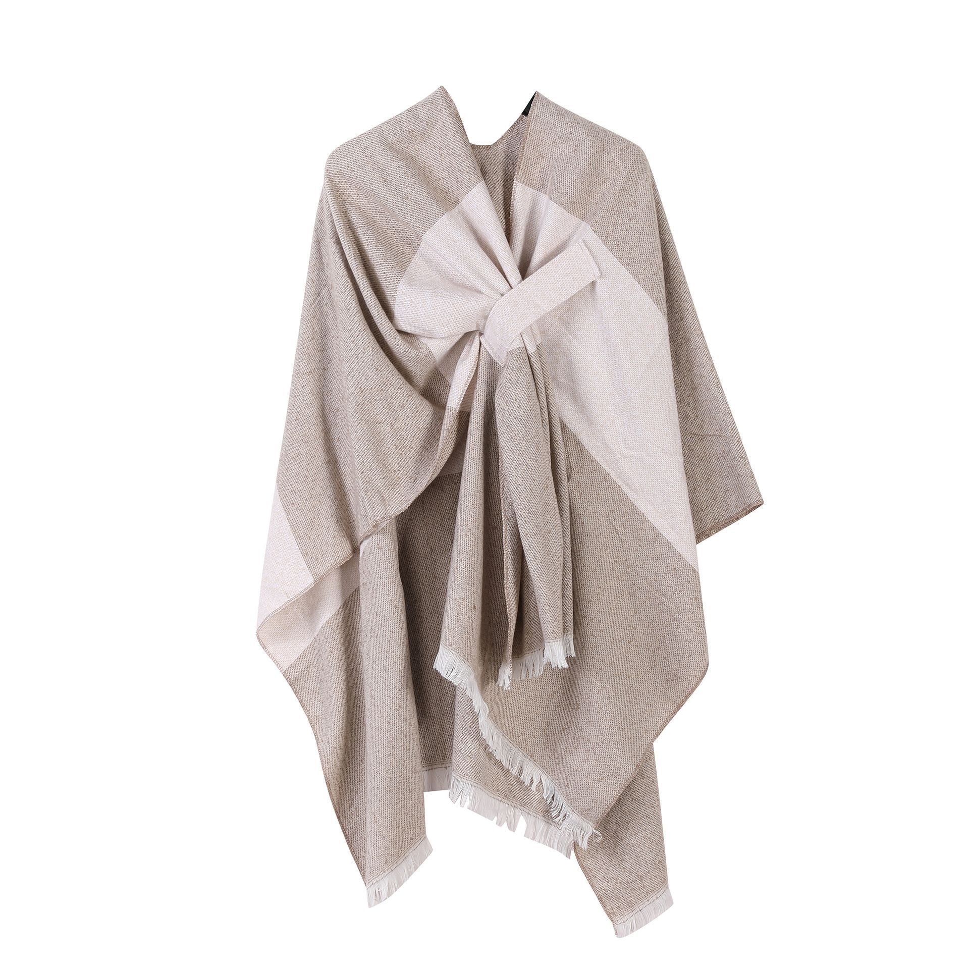 Casual Travel Knit Poncho, Soft Striped Trim Tie Dye Print, Khaki
