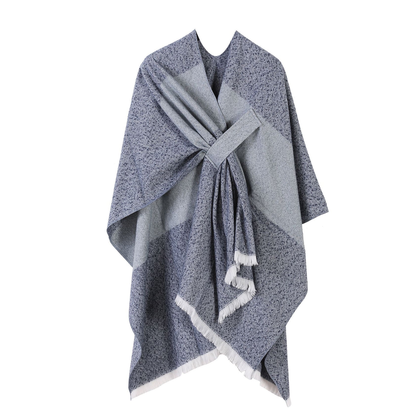 Fresh Styling Faux Cashmere Poncho, Clear Striped Trim Tie Dye Motif, Soft Blue