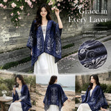 Artistic Faux Cashmere Outfit Cape, Soft Cloud & Carp Print, Navy Blue
