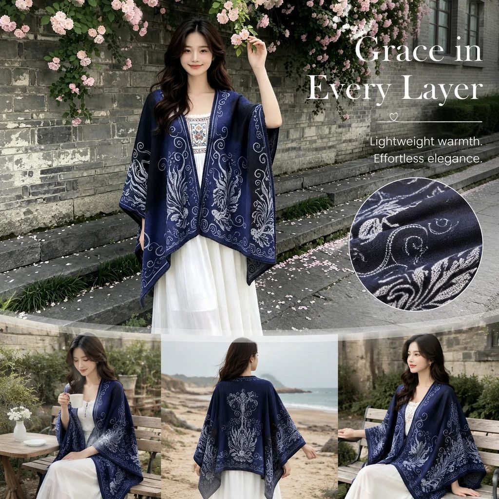 Artistic Faux Cashmere Outfit Cape, Soft Cloud & Carp Print, Navy Blue