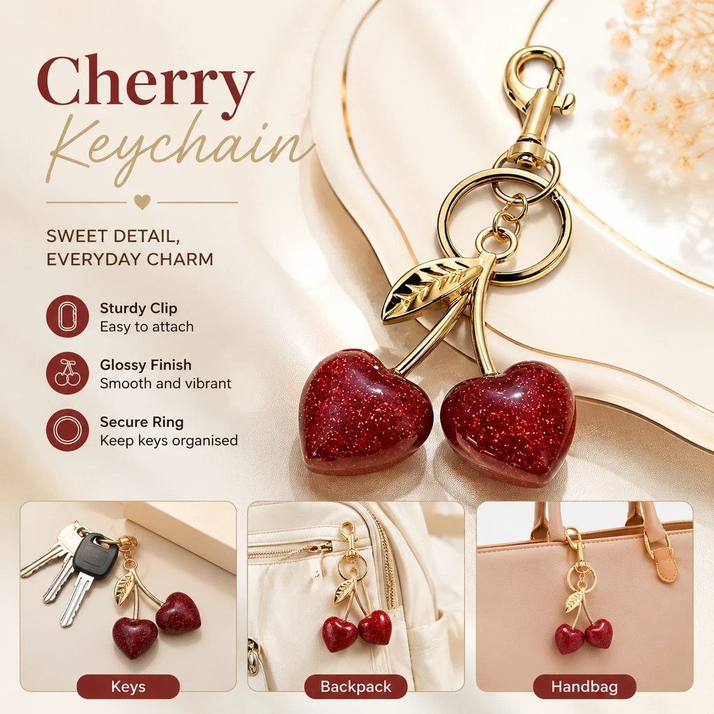 Dainty Fresh Cherry Keychain Bag Charm, Heart Cherry brings constant sweet little moments wherever you go
