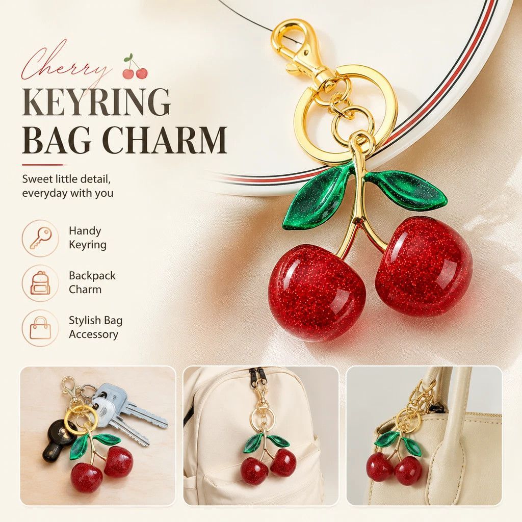 Lovely Red Cherry Bag Pendant with Twin Green Leaves, soft warm charm to brighten your everyday handbag styling
