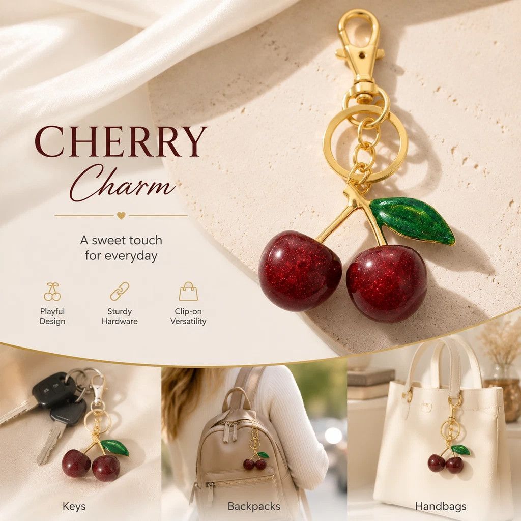 Minimalist Red Cherry Bag Accessory with one green leaf, simple pure sweetness fills your daily small spaces