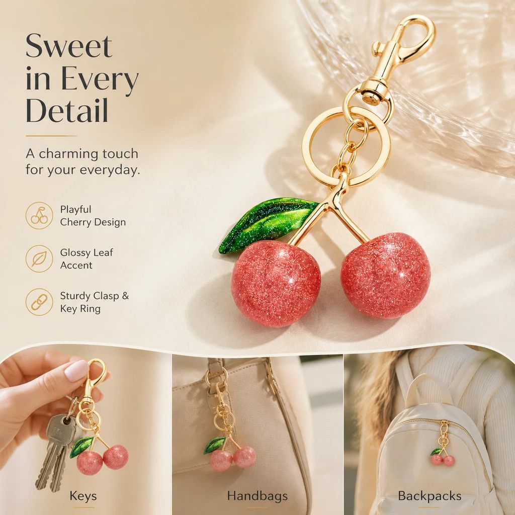 Petite Pink Cherry Keyring matched with a single green leaf, wrapping you in mild, quiet happiness each day
