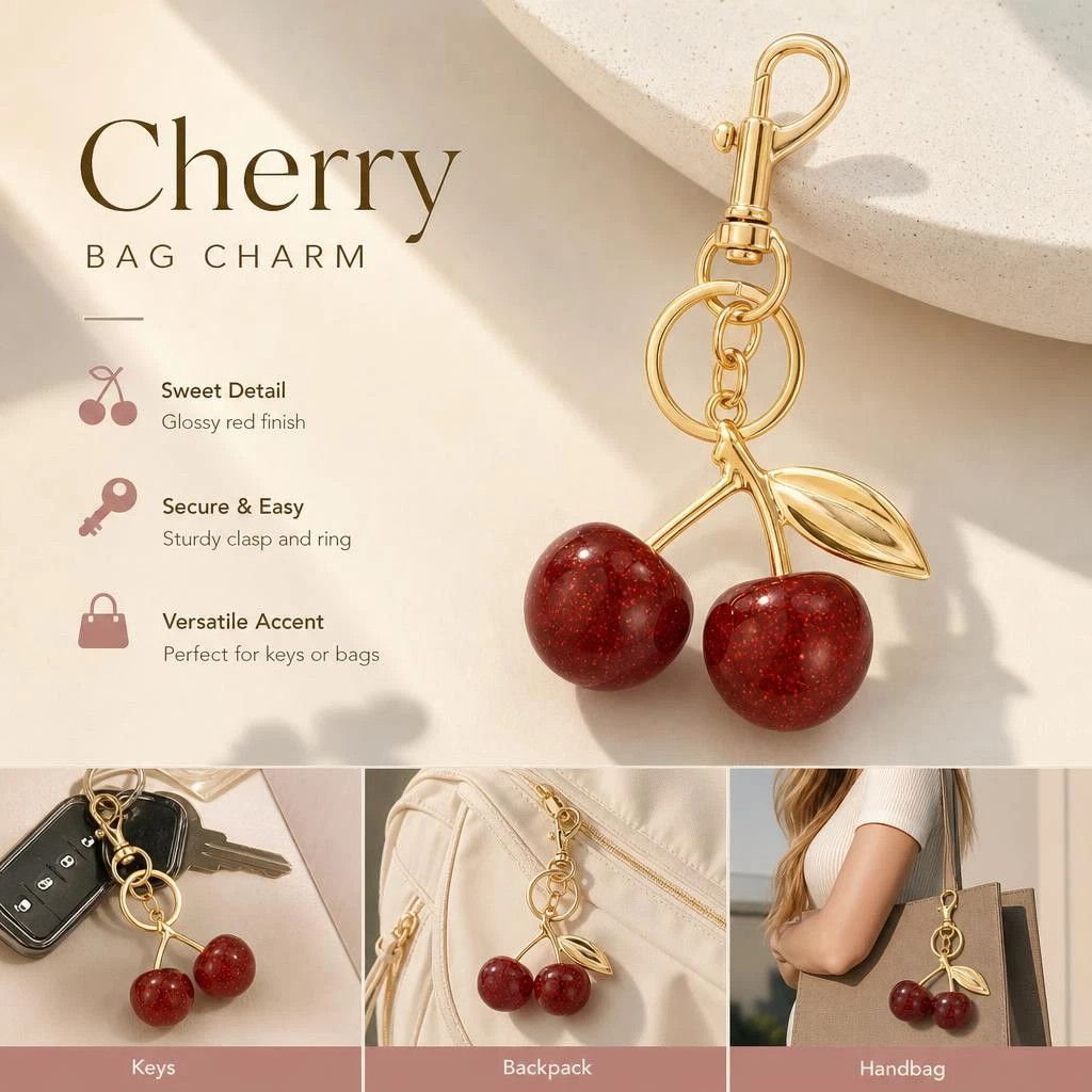 Tiny Fresh Red Cherry Bag Pendant with solo gold leaf, cute subtle surprises waiting in your daily routine