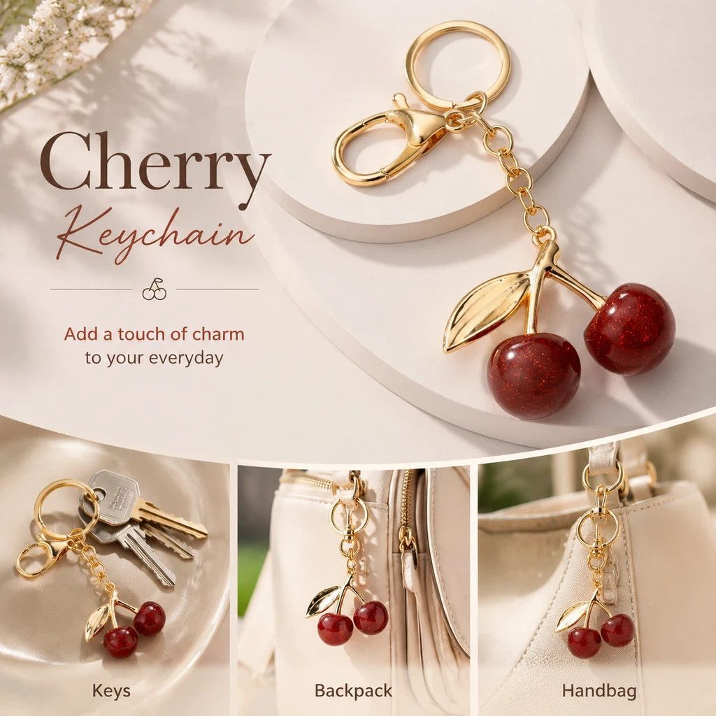 Mini bubble textured red cherry keychain with single gold leaf, dreamy soft sweetness follows you on every outing