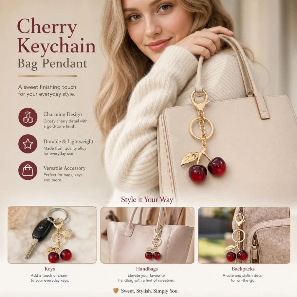Compact red cherry bag charm with single gold leaf, gentle warm sweetness stays by your side anytime