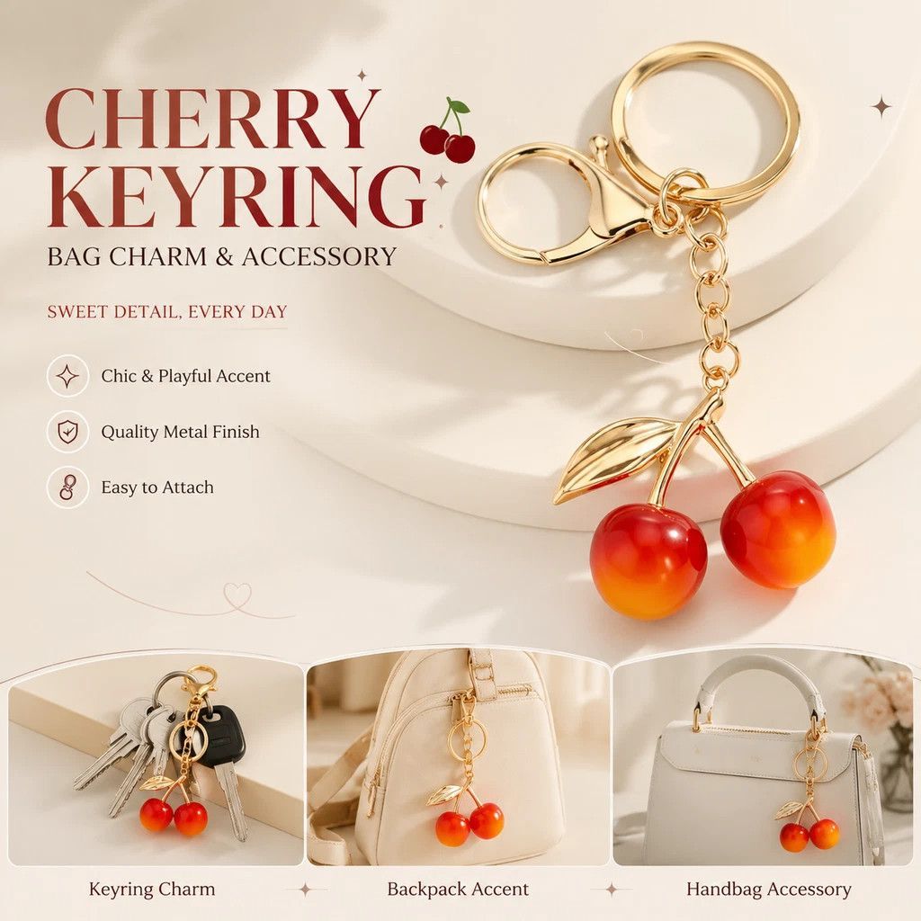 Mini refined pink cherry keychain with gold leaves, soft romantic touch elevates your daily matching style