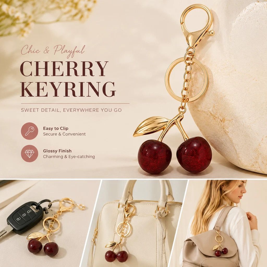 Shiny red cherry bag pendant with green rhinestone leaves, bright lovely radiance lifts your ordinary days